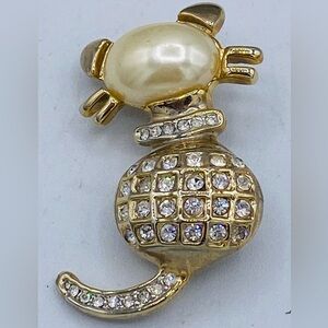 Vintage Gold-Tone Figural Cat Brooch with Pearl and Rhinestones - Jewelry